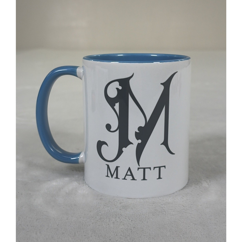 Personalized "M" Matt Coffee Mug Ceramic Cup 11oz Blue Interior Blk Letters - Picture 2 of 11